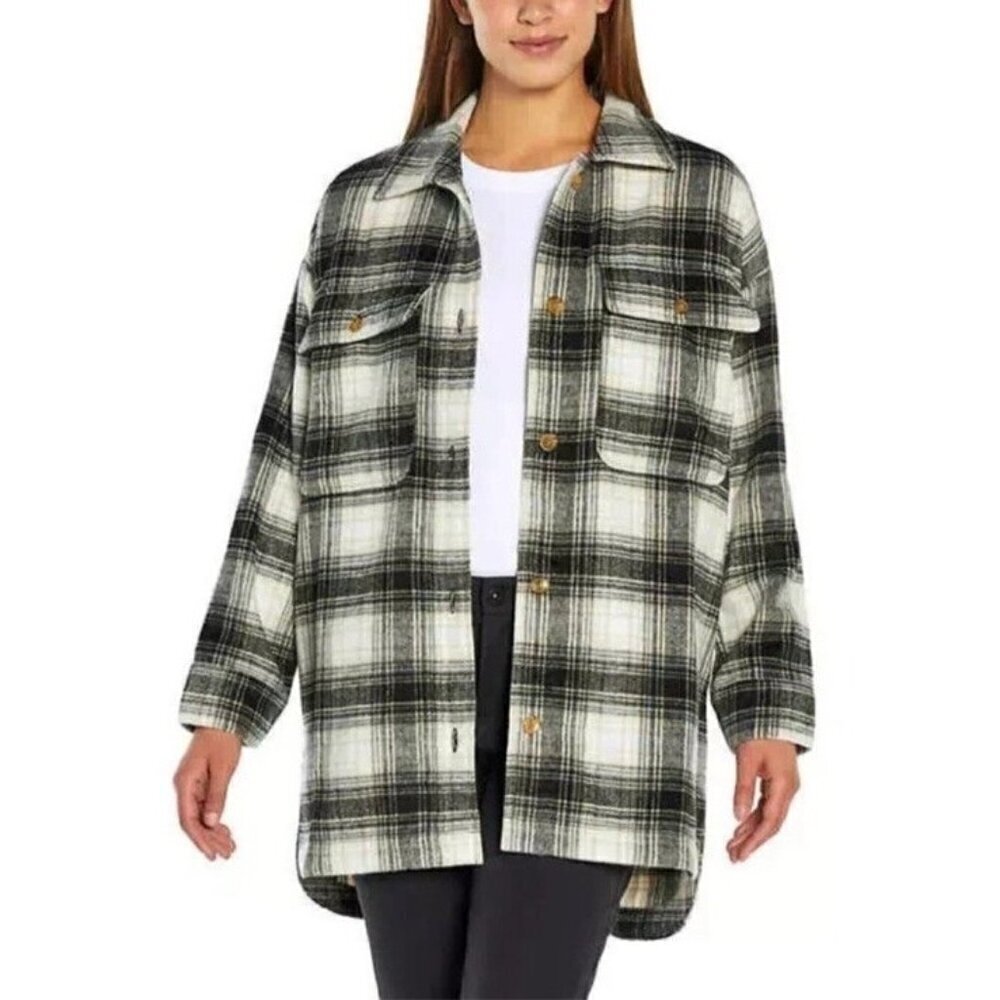 Banana Republic Woman's Sz S Shacket Shirt Jacket Black Cream Plaid Wool Blend